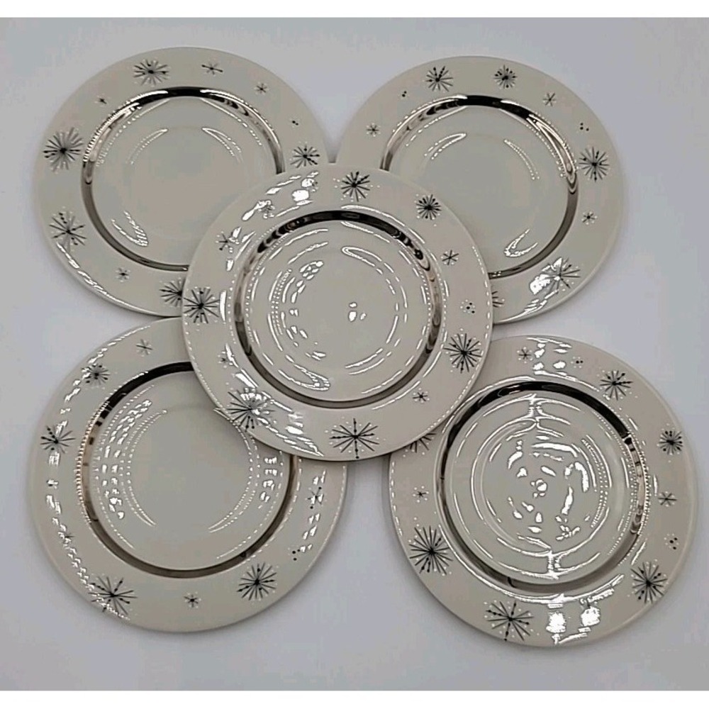 5-‎ 6" Saucer Plate VTG Fine Arts China Atomic Star 'Romance of the Stars' CREAM
